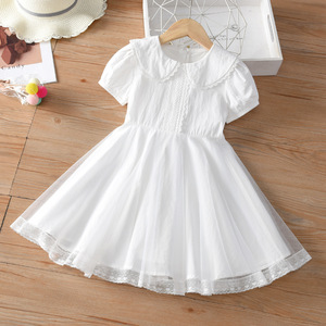 Kinder-Kurzarmkleid aus Weißer Baumwolle mit Spitze, A-Linie Prinzessinnenkleid mit Peter-Pan-Kragen, Sommer 2025 Neuer Stil für Ältere Kinder - Product Image 1