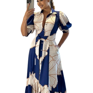 Vestido Elegante Asimétrico de Manga Corta con Estampado Tipo Camisa y Cintura Alta para Mujer - Product Image 4