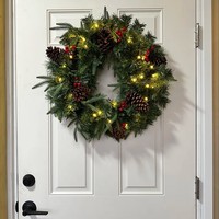 KagaJo Karangan Bunga Natal Pinus Buatan 24 Inci dengan Lampu LED Desain Modern Cabang Evergreen Realistis untuk Dekorasi