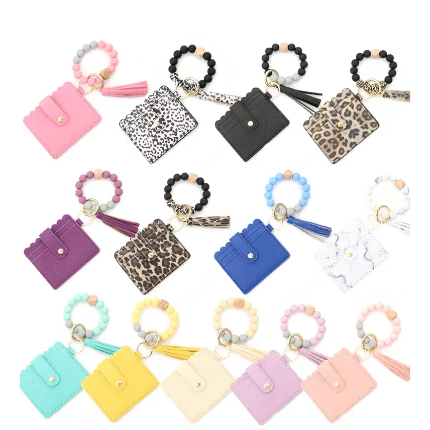 Hot Selling Silicone Bead Bracelet Pu Leather Tassel Purse Keychain For Bangle Wristlet Wooden Id Credit Card Wallet Keychains