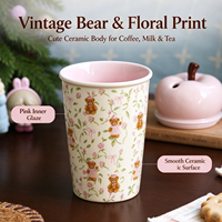 Mug en céramique Ours de dessin animé mignon avec paille et couvercle 301-400ml, Tasse à café et Gobelet à eau pour la maison, le bureau et comme cadeau
