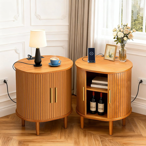 <span class=keywords><strong>Table</strong></span> de chevet cannelée de style Mid-Century avec station de charge, porte coulissante, étagère réglable, <span class=keywords><strong>table</strong></span> d'appoint jaune - Product Image 5