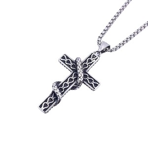 Stainless Steel <b>Cross</b> Pendant With Snake Design Men's Necklace Punk Retro Style Themed Pendant Fashion Jewelry - Product Image 4