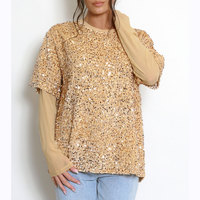 Camiseta de Manga Larga con Lentejuelas Brillantes para Mujer, Personalizada OEM, Estilo Holgado Informal para Fiestas, Blusa de Verano y Primavera