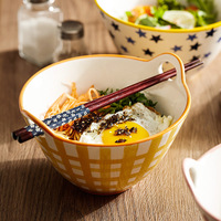 Grosir murah pola bunga mangkuk keramik nasi Salad sup dengan pegangan ganda