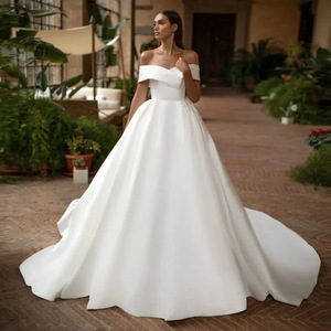 Off The Shoulder Wedding Dress Satin Ball Gown Natural Waistline Strapless White Elegant Bridal Gown - Product Image 1