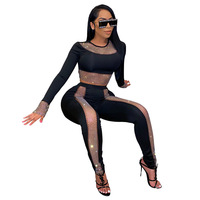 Conjunto de duas peças do diamante brilhante, mulheres festa de aniversário clube roupas festival agasalho cropped top e calça conjuntos elegantes combinando