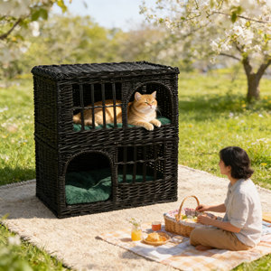 Black Rattan <strong>2</strong>-<strong>Tier</strong> <strong>Cat</strong> House Wicker Enclosure Removable Cushions Cozy Indoor Pet House <strong>Beds</strong> - Product Image 1