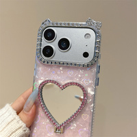 Coque de téléphone effet miroir dégradé coquillage avec support cœur pour iPhone 17 16 15 14 Pro Max, texture coquille diamantée, dos ombré avec support nœud