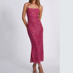 Nuevo Vestido Largo Elegante para Mujer, Estilo Halter, Ajustado al Cuerpo, con Abertura Lateral, Lentejuelas Rojas, para Fiesta - Product Image 1