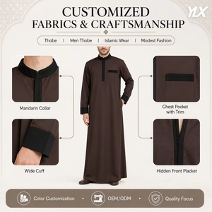 Thobe sur mesure pour homme, marron, manches longues, col mandarin, robe islamique, kaftan musulman, <span class=keywords><strong>dishdasha</strong></span>, OEM - Product Image 3