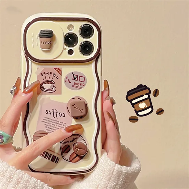 Korean Cute 3D Coffee Push-Pull Camera Protection Phone Case for iPhone 15 14 13 12 11 Pro Max X XS XR 7 8 Plus SE Soft Cover