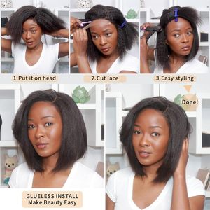 Nouvelle perruque complète en dentelle, ondulée effet eau, noire, courte, bouclée, volumineuse, en cheveux vierges naturels, avec frange, en fibre synthétique, avec bandeau - Product Image 4