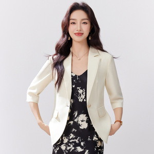 Women's Acetate Coated Blazer Three Quarter Sleeve Slim Fit Solid Color Versatile Summer Jacket For Petite Women - Product Image 1