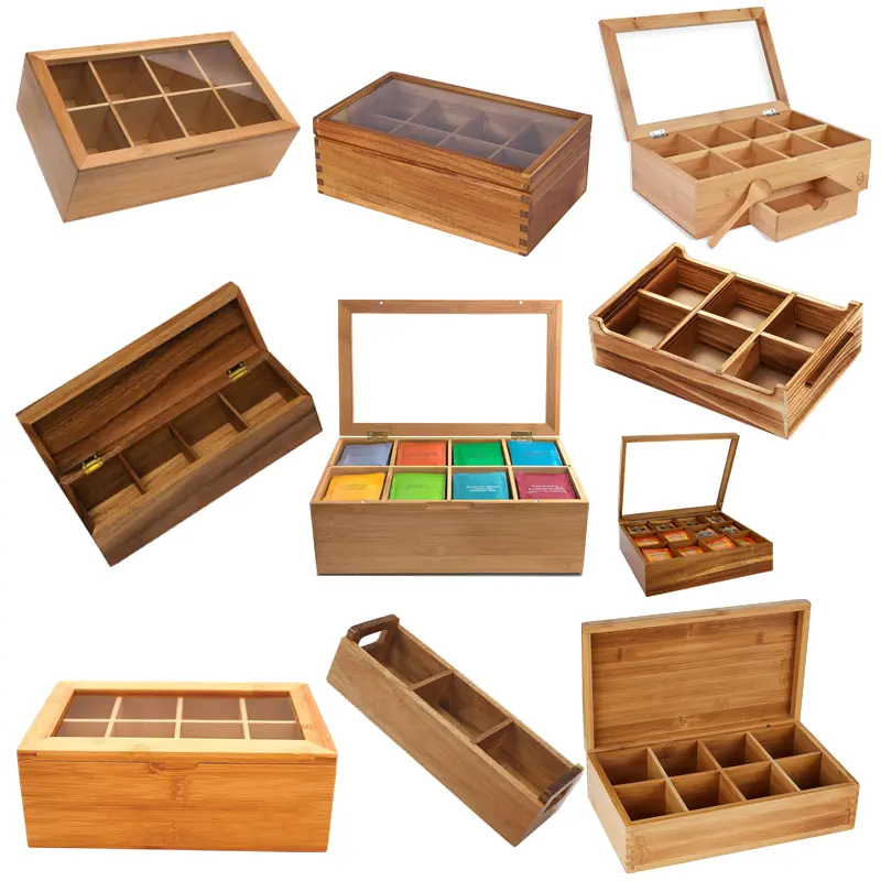 Various styles of wooden tea boxes support customized wooden 8 compartments with lid wooden tea box 6 compartments