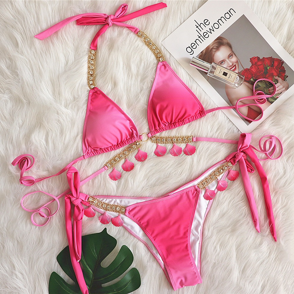 DAMOCHIC 2022 Sexy Designer Bikinis Set Gradient Women's Thong Swimsuit Crystal Halter Beachwear Shell Japanese Micro Swimwear