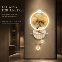 Décoration murale 3D LED Arbre Doré en Porcelaine Cristalline avec Anneau Lumineux Suspendu pour Entrée, Couloir, Salon, Intérieur d'Hôtel