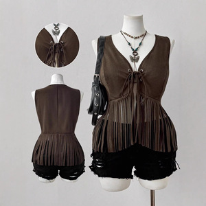 <span class=keywords><strong>Gilet</strong></span> <span class=keywords><strong>long</strong></span> en daim pour <span class=keywords><strong>femme</strong></span>, style western, col en V, sans manches, à franges, coupe ajustée, nouvelle collection été, vente en gros - Product Image 1