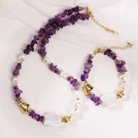 Ensemble de bijoux ethniques bohèmes, collier et bracelet en acier inoxydable de qualité supérieure avec perles baroques carrées, design perlé, texture métallique pour femmes