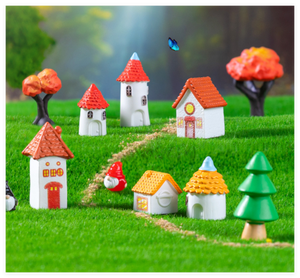 Statuette de jardin pour enfants, thème conte de fées, amour religieux, en résine, style rétro européen, avec cheminée en briques rouges et arbre artificiel - Product Image 6