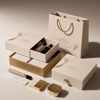 Boîte cadeau rigide écologique avec logo personnalisé imprimé, motif ondulé beige, ruban de tirage, coulisse, pour bijoux et cosmétiques