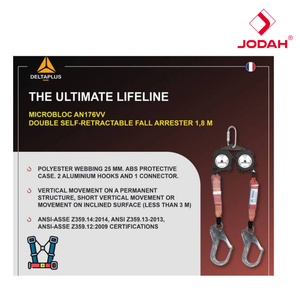 Antichute professionnel JODAH à double sangle, auto-rétractable, à connexion rapide, Delta Plus AN176VV, 1,8 mètre, 100% de sécurité - Product Image 2