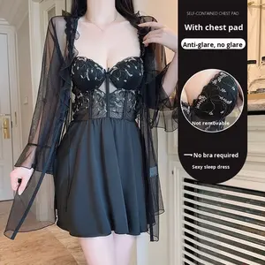 Set pakaian panjang selutut musim panas cantik M5804 Bra empuk V Dalam & gaun malam Satin halus dengan jubah jaring seksi & manis - Product Image 1