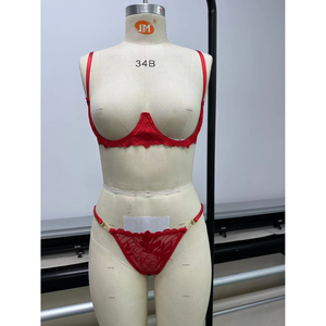 Conjunto de ropa interior erótica roja de <span class=keywords><strong>2</strong></span> piezas, Sujetador de encaje Sexy con bordado transparente, bragas caladas, decoración de encaje abierto - Product Image 1