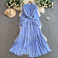 Robe décontractée élégante pour femme, col montant ajouré, manches longues, coupe trapèze, 100 % coton, avec ceinture, pour le quotidien