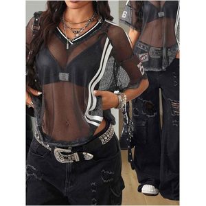 T-shirt en maille transparente pour femme FOXA, coupe ample, manches courtes avec patchs, style rockstar, idéal pour les soirées - Product Image 4
