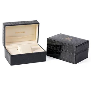 Caixa de relógio com logotipo personalizado, caixa de couro PU preto luxuosa para relógio, caixa de embalagem para relógio, padrão de crocodilo