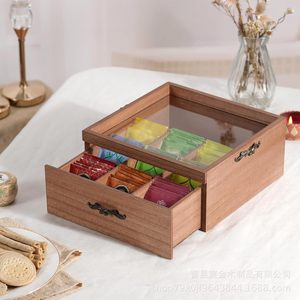 Wooden Desktop <b>Tea</b> Bag Storage <b>Box</b> With Acrylic Lid Nine Compartment Organizer For <b>Tea</b> Coffee Bags Drawer Style - Product Image 4