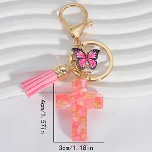 Porte-clés Croix Chrétienne en Résine Bleu/Violet/Rose avec Breloque Papillon et Pompon – Décoration Suspendue Élégante pour Hommes et Femmes – Vente Flash - Product Image 3