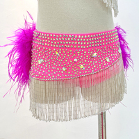 Traje de Baile de Jazz Color Fucsia para Niñas, Dos Piezas con Cuello Halter, Traje Latino Brillante con Flecos y Plumas, Spandex/Nailon