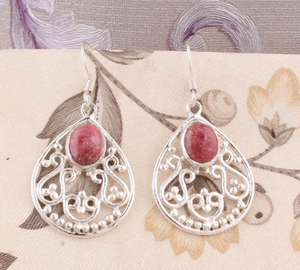 925 <b>Sterling</b> <b>Silver</b> High Quality Natural Thulite Gemstone Minimalist Wedding <b>Hoops</b> Engraved <b>Silver</b> Work Earrings Skin-Friendly - Product Image 4