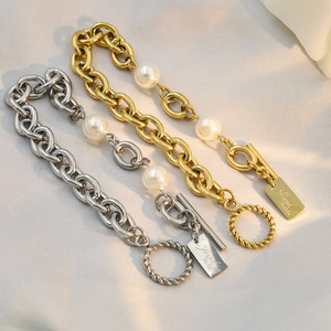 European American Style Chunky <b>Chain</b> Bracelet With Pearl And Ot Buckle For Women Fashion Jewelry Gift <b>Titanium</b> Steel 21cm - Product Image 2