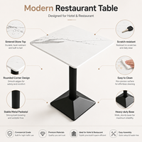 Table sur pieds carrée moderne en pierre frittée, aspect marbre, base en métal noir, coins arrondis, pour hôtel, café, restaurant, personnalisation OEM