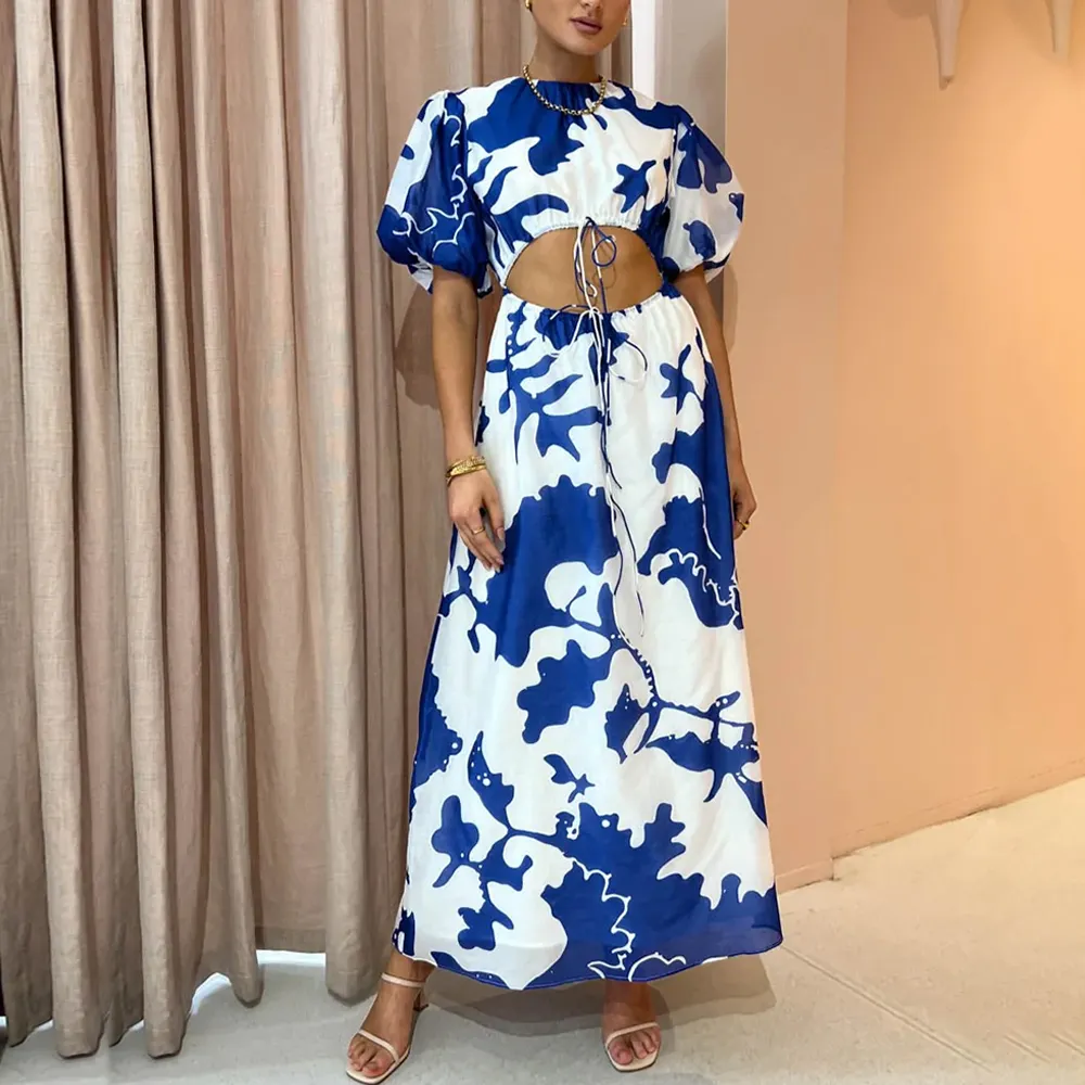 Resort Style Ladies Puff Sleeves Round Neck Blue Floral Print Long Dress Elegant Casual Cutout white skirt with blue prints