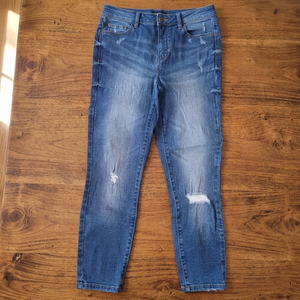Jean en denim déchiré et délavé coupe droite pour homme, taille mi-haute, coupe ajustée, décontracté, en coton, bleu délavé, style printemps - Product Image 3