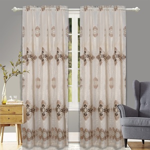 Cortina bordada de dos capas para sala de estar, tela jacquard <span class=keywords><strong>con</strong></span> varilla transparente y bolsillos, color beige, blanco y azul - Product Image 4
