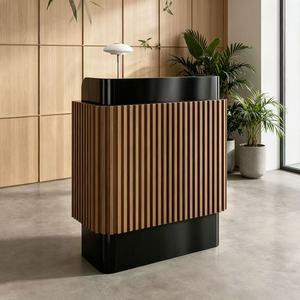 Luxury Modern Fluted Wood & Brushed Gold Reception <b>Desk</b>-Small Standing Checkout Counter for Hotels Compact Commercial Use - Product Image 2