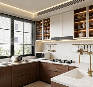 Mueble de Cocina Moderno de Madera Personalizado |   Diseño de Dos Tonos + Almacenamiento con Iluminación LED |   Estilo Modular sin Marco con Cajones de Cierre Suave - Product Image 1