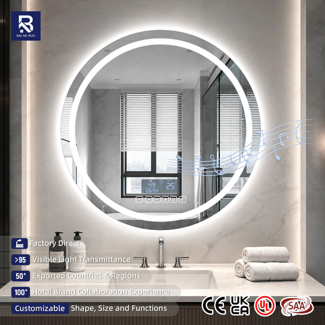 Modern Frameless Smart Round LED Bathroom Mirror Bluetooth Speaker Digital Clock Dual Backlit Circle Mirror Anti-Fog Touch