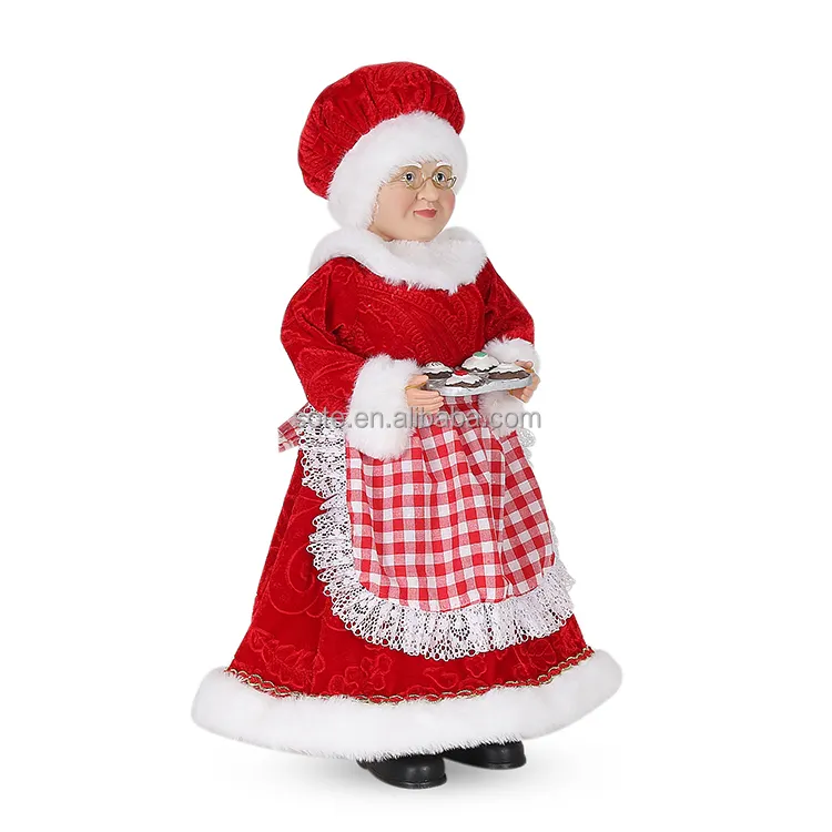 Boneka natal patung Sinterklas memasak Apron kotak-kotak mainan 45CM nenek berdiri merah koki Mrs Claus untuk dekorasi dapur