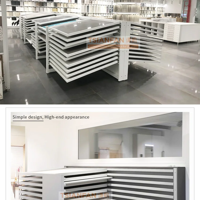 New design custom granite showroom design Inclined sliding slab Artificial marbles shelf stone tile display rack