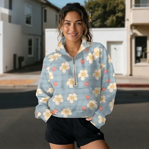 Felpa con cappuccio casual da donna all'ingrosso, con mezza zip, collo alto, tasca a marsupio e polsini con foro per il pollice, design personalizzato - Product Image 1
