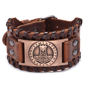 MECYLIFE Heren Viking Lederen Armband Noord-Viking <span class=keywords><strong>Toten</strong></span> Thor's Hamer Brede Echt Lederen Armband - Product Image 1