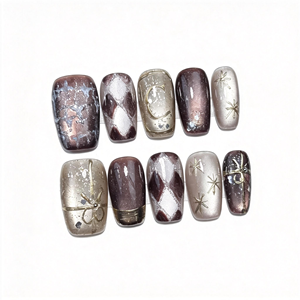 <span class=keywords><strong>Faux</strong></span> ongles de luxe faits à la main, réutilisables, effet œil de chat, motif Argyle marron, chrome doré 3D, à coller, pour la vente en gros - Product Image 1