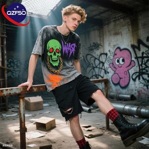 QZFSO 230gsm coton lavé à l'acide Vintage t-shirt à manches courtes T-shirt à épaules tombantes unisexe lavé t-shirt graphique surdimensionné - Product Image 1