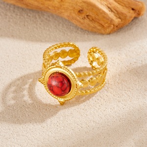 Fashion Court Style Round <b>Red</b> Turquoise Gold Plated Wide Stainless Steel <b>Bracelet</b> Ring Unisex Party Jewelry R548 - Product Image 2